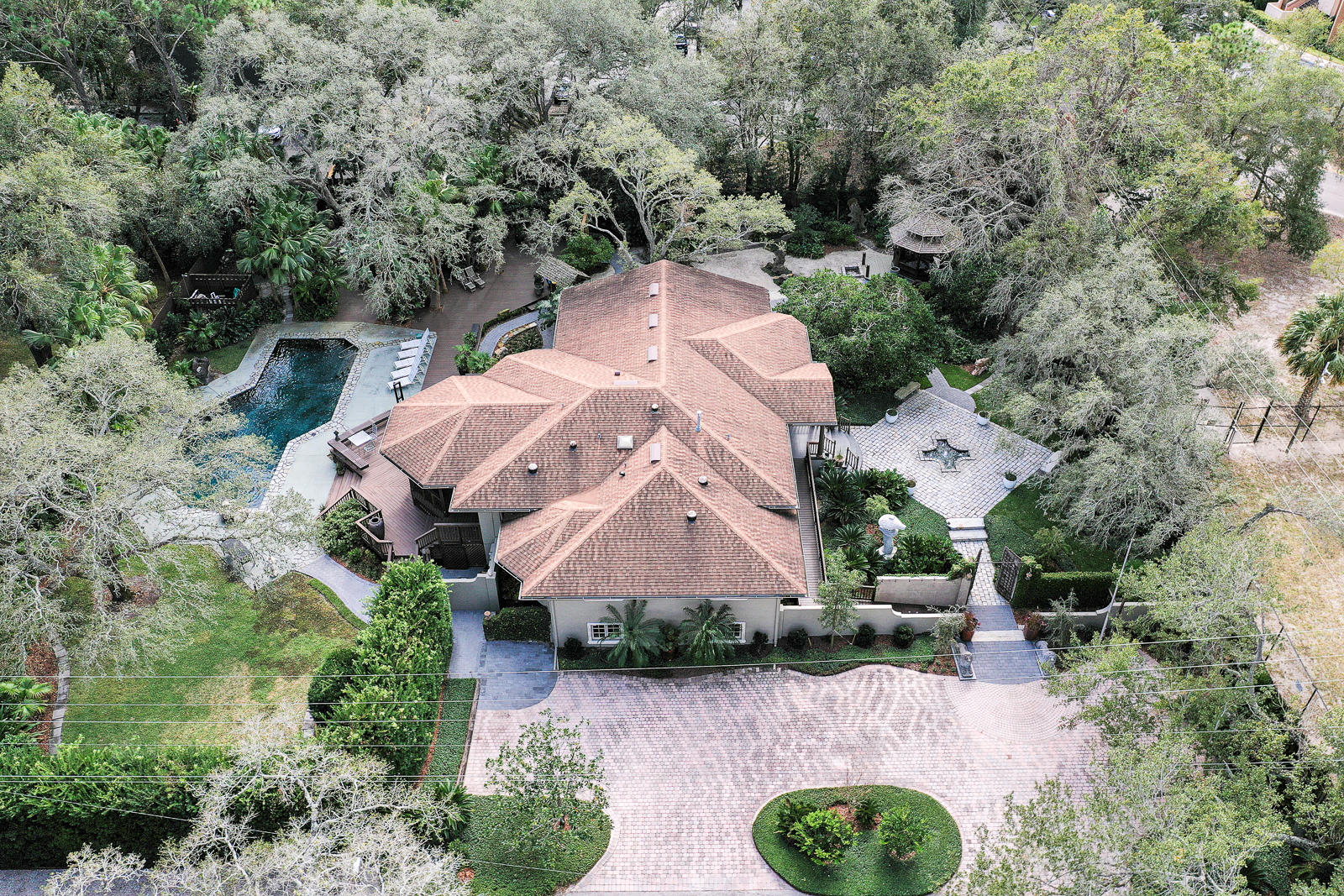 Aerial view of the Center Street estate nestled in the oak canopy