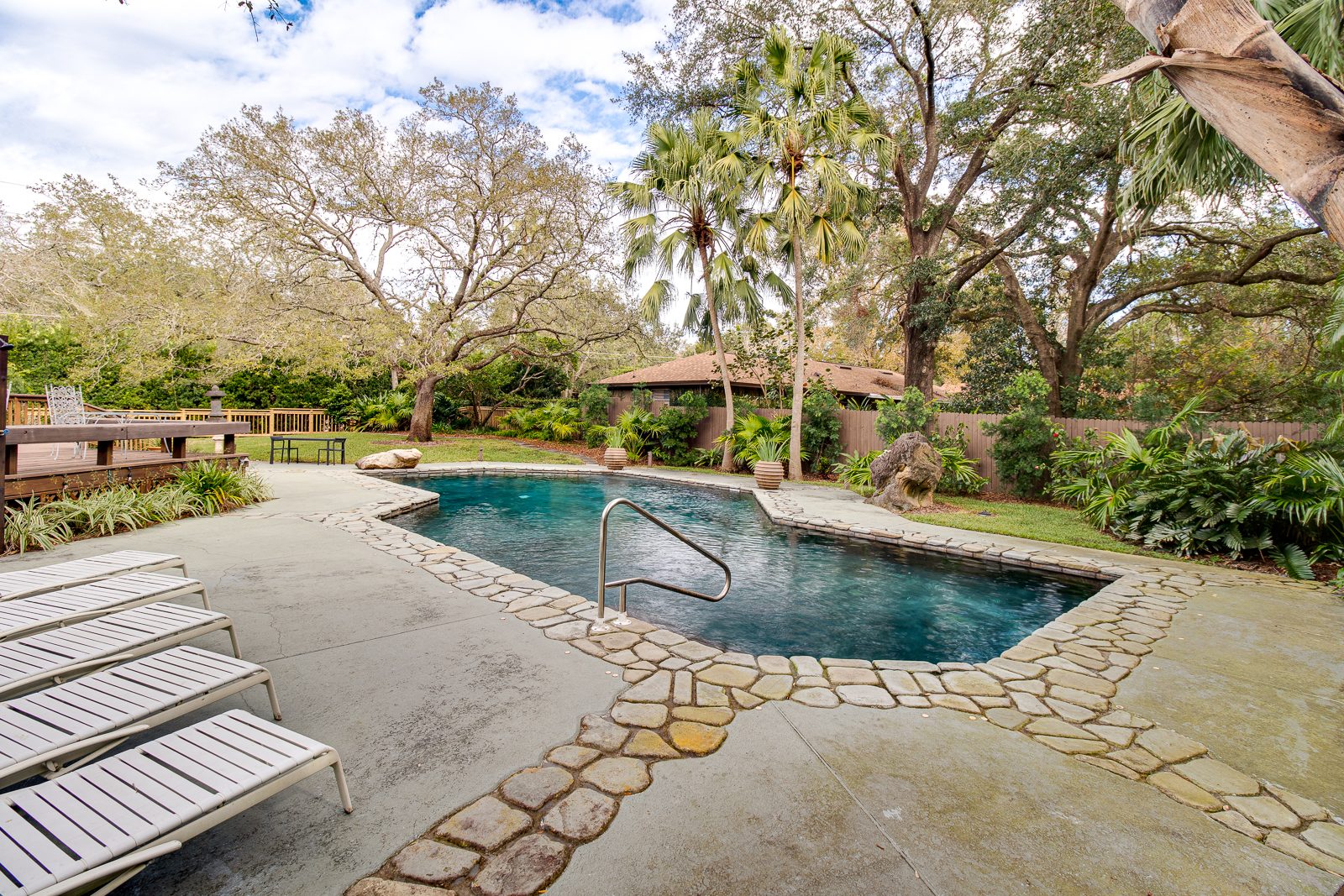 Black-bottom saltwater pool surrounded by stone and gardens